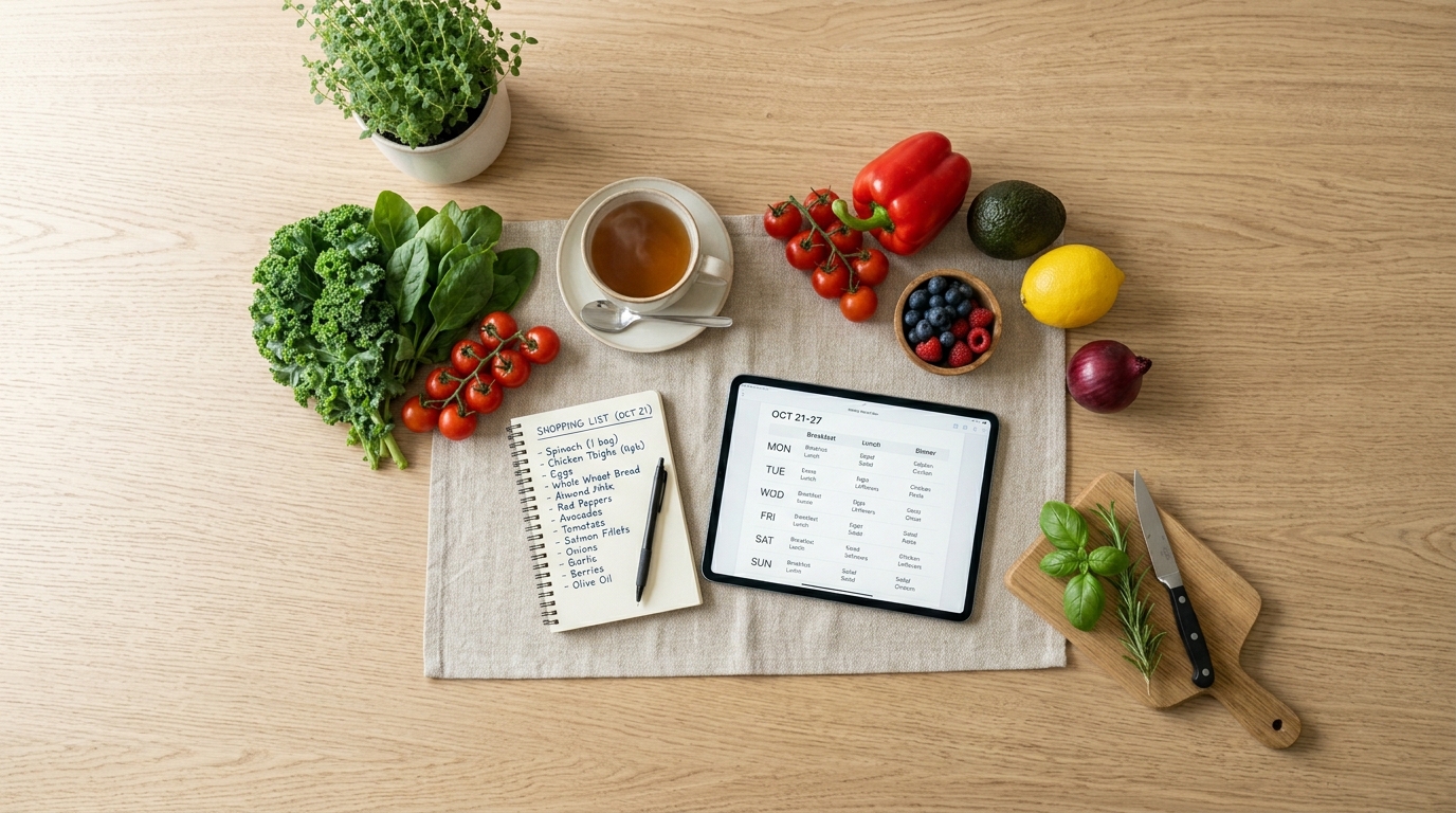 Wochenplaner mit Mahlzeiten und Einkaufsliste auf einem Tablet